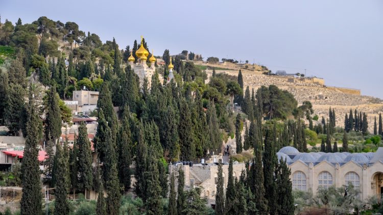 A golden topped Russian Orthodox church, located on the Mount of Olives, East Jerusalem, Israel.